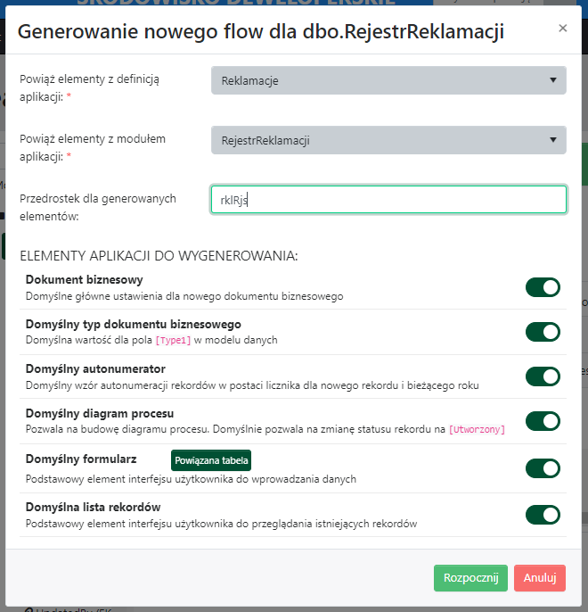 Okno <code>Generowanie nowego flow</code>