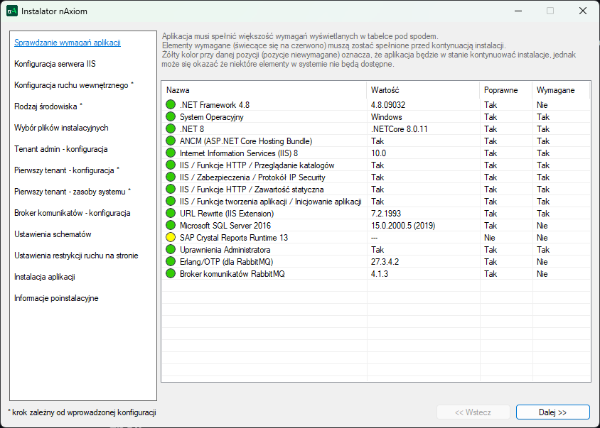 Instalator nAxiom — Sprawdzanie wymagań aplikacji