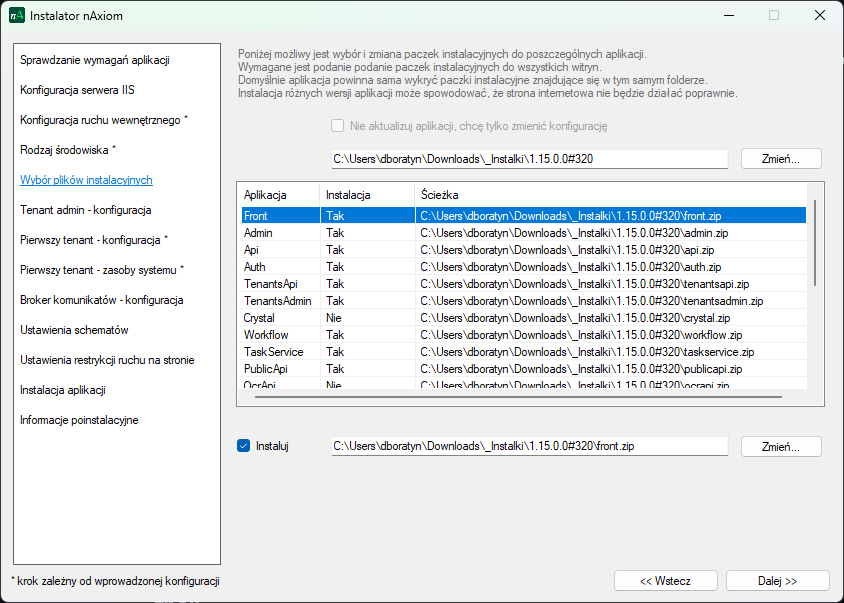Wybór plików instalacyjnych