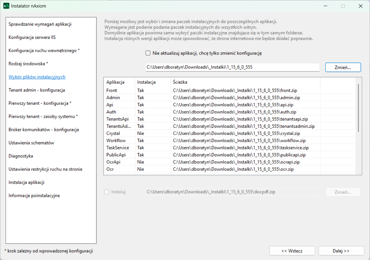 Wybór plików instalacyjnych
