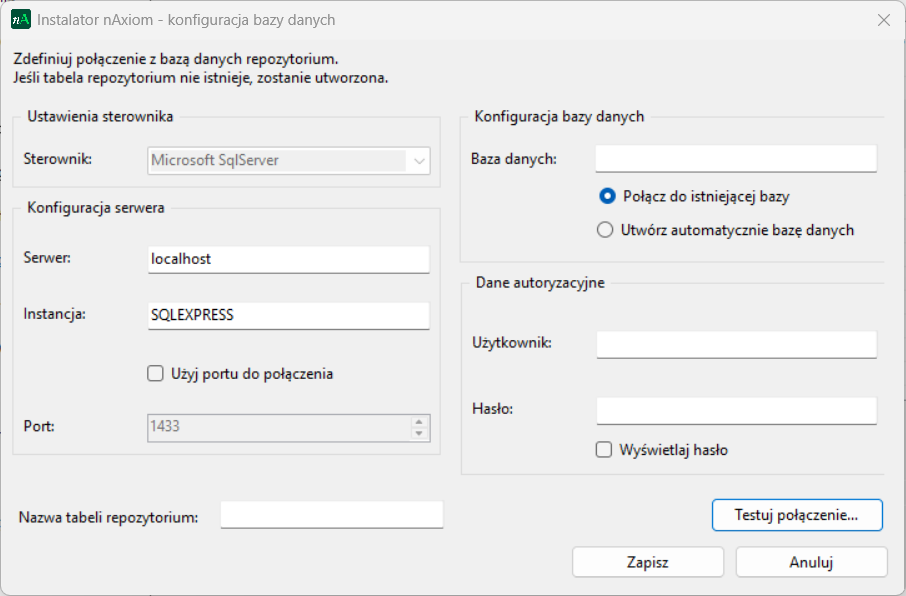 Konfiguracja repozytorium w bazie danych