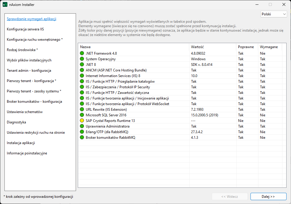 Instalator nAxiom — Sprawdzanie wymagań aplikacji