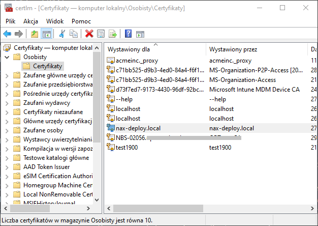 Certyfikat <i>nax-deploy.local</i> w magazynie <code>Osobisty</code>