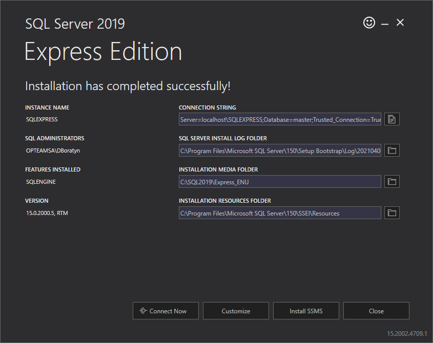 Okno wynikowe instalatora SQL Server 2019 Express