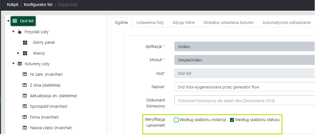 Włączanie weryfikacji uprawnień w konfiguracji listy