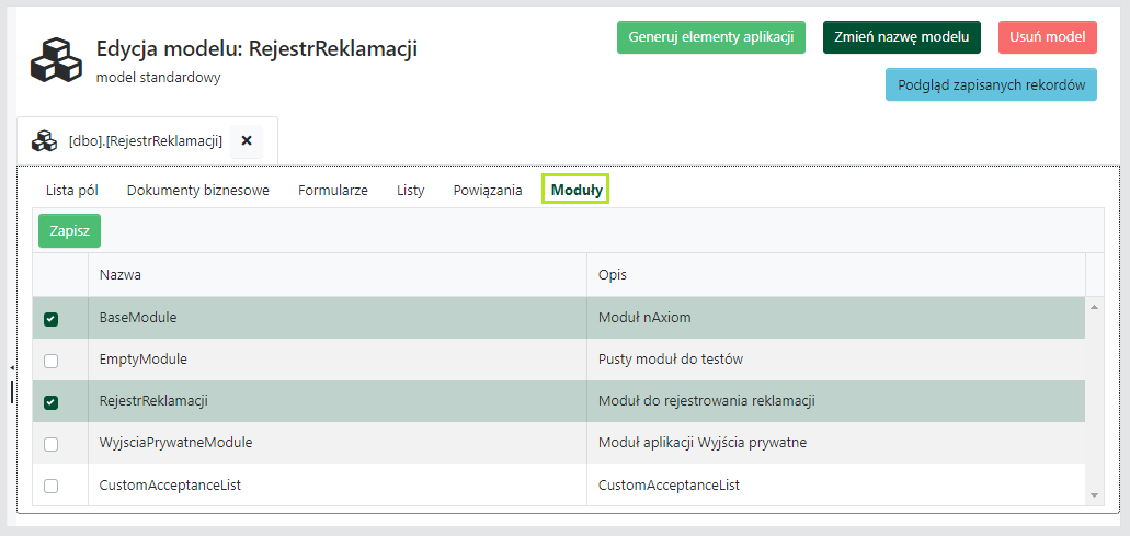 Edycja modelu — Moduły