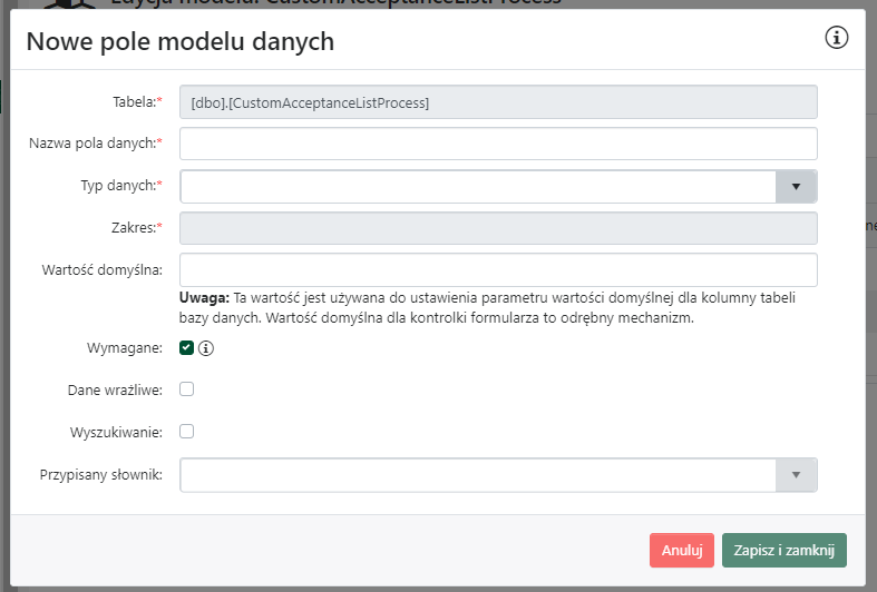 Nowe pole modelu danych