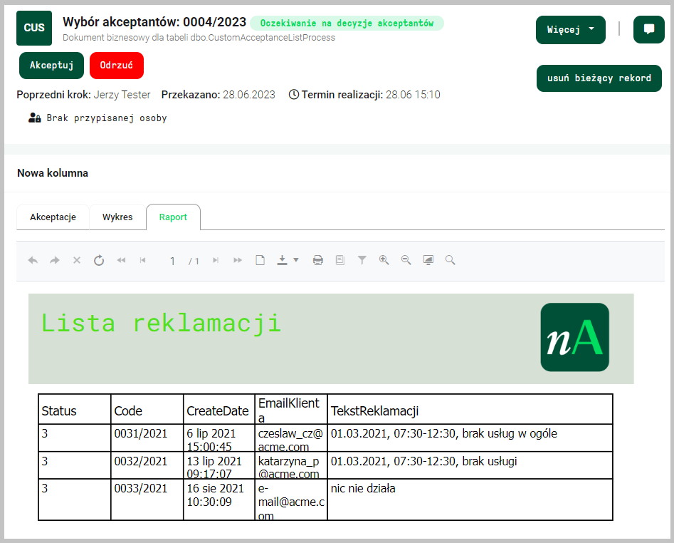 Sekcja typu raport na podglądzie formularza