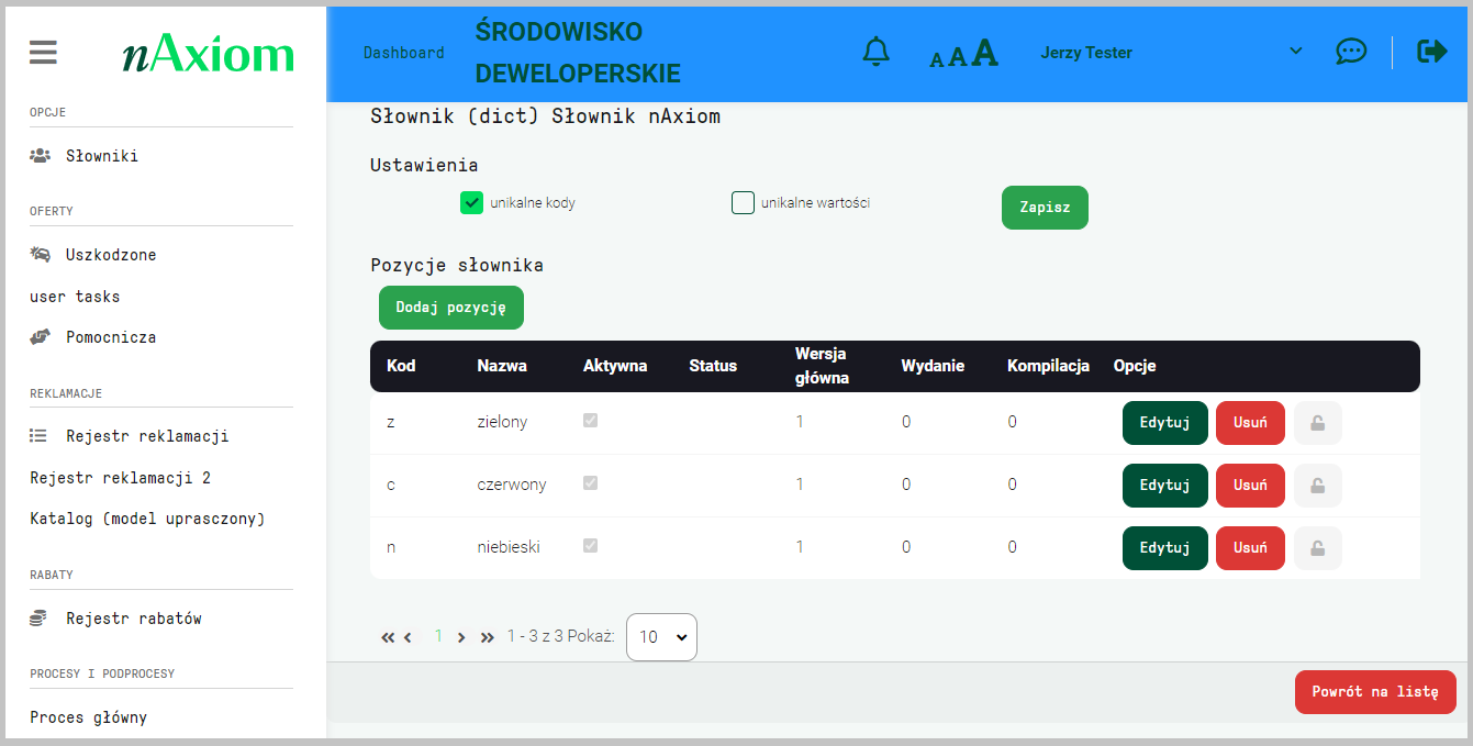 Lista pozycji słownika