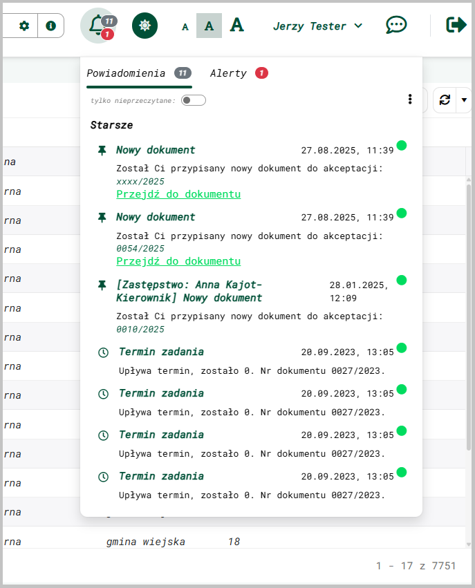 Panel powiadomień