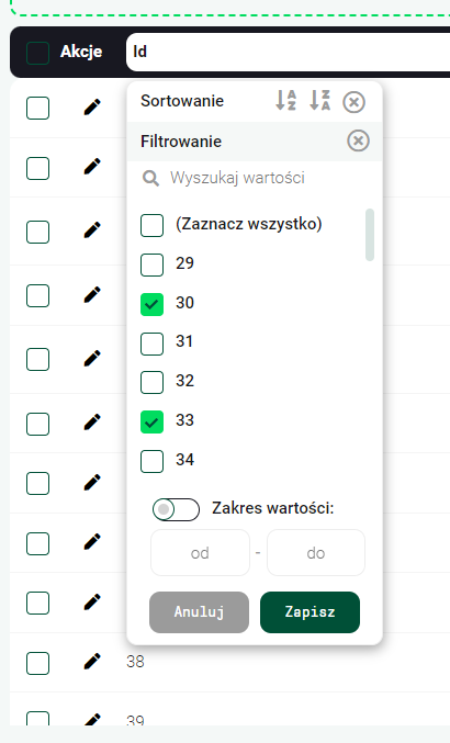 Dynamiczne wyliczanie listy wartości na potrzeby filtrowania