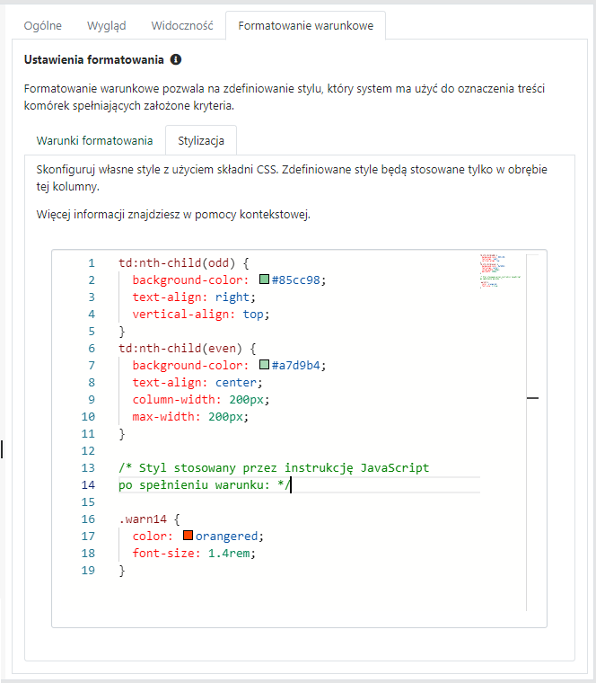 Kolumna HTML, karta <code>Formatowanie warunkowe, Stylizacja</code>.