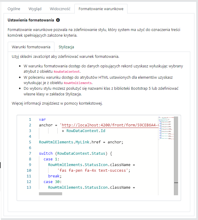 Kolumna HTML, karta <code>Formatowanie warunkowe, Warunki formatowania</code>.