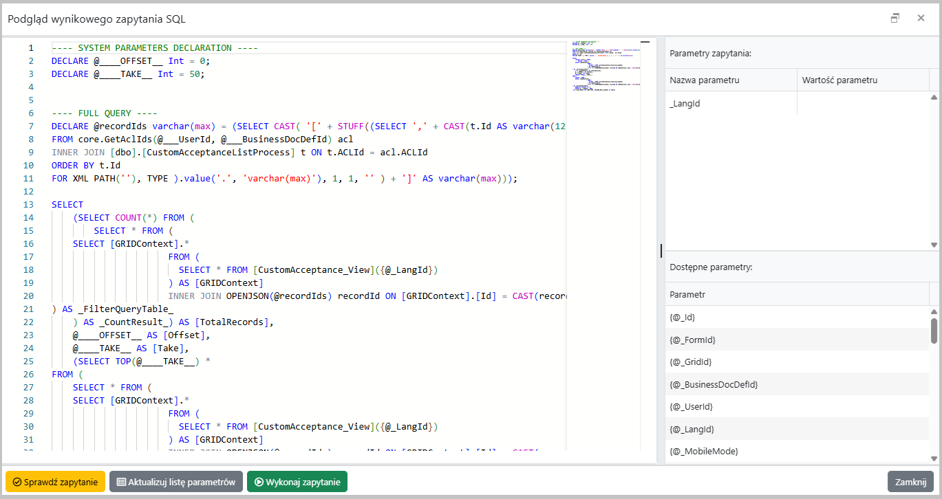 Okno dialogowe <code>Podgląd wynikowego zapytania SQL</code> (tryb hybrydowy)