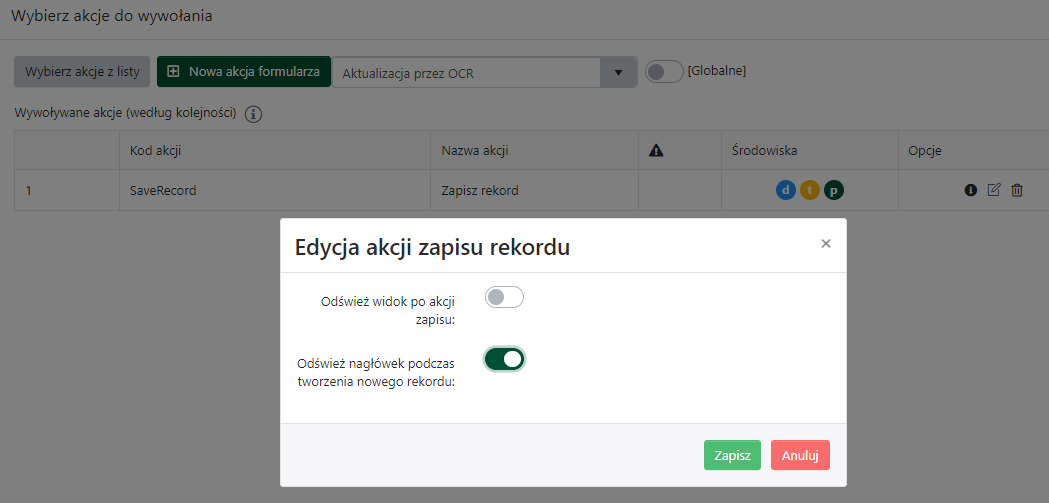 Edycja akcji zapisu rekordu