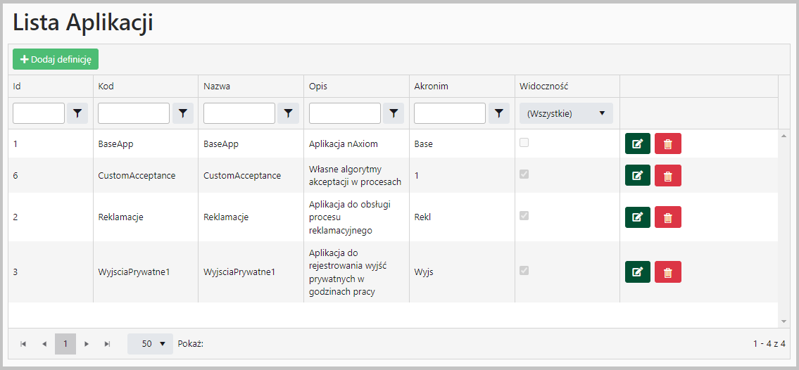 Okno <code>Lista Aplikacji</code>