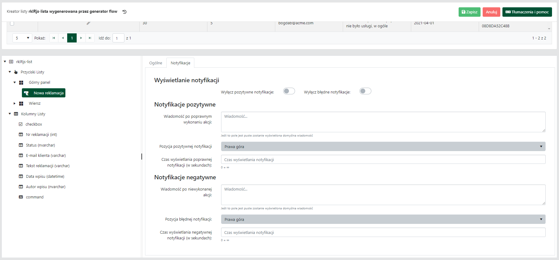 Właściwości przycisku, karta <code>Notyfikacje</code>.