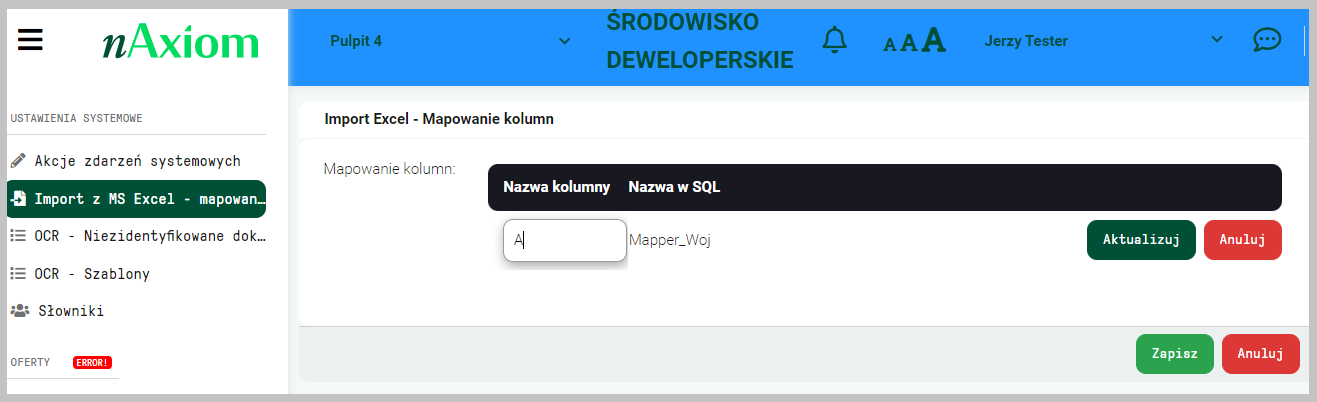 FrontSPA: Edycja mapowania kolumny