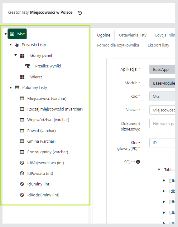 Okno <code>Kreator listy</code>, panel elementów listy.