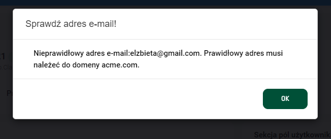 Komunikat o błędzie wyświetlony przez akcję komunikatu