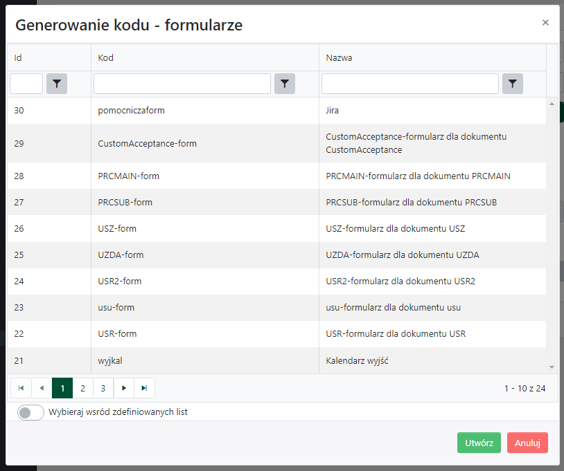 Okno dialogowe <code>Generowanie kodu formatki</code>