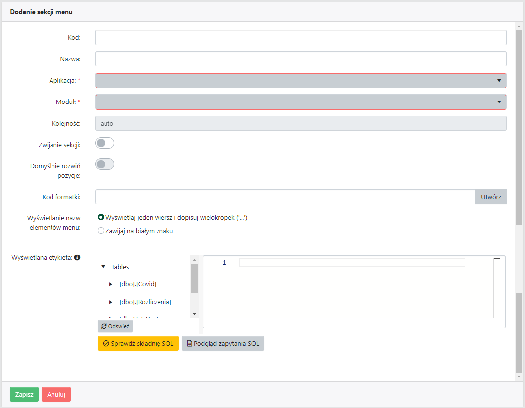 Okno dialogowe <code>Dodanie sekcji menu</code>