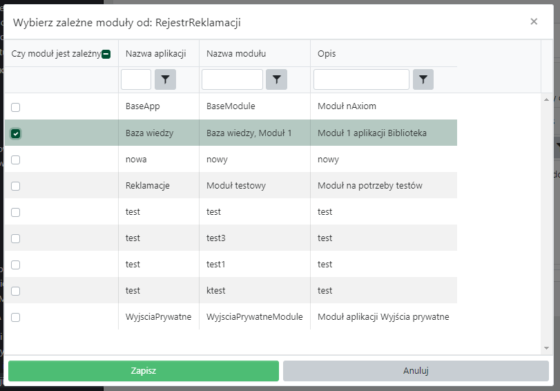 Wybór modułów zależnych