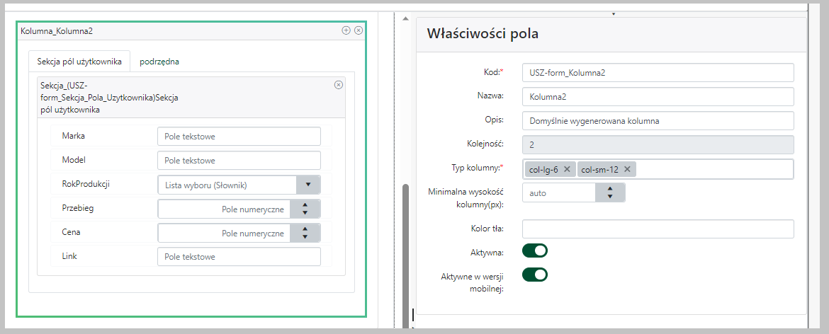 Właściwości kolumny formularza w trybie designera