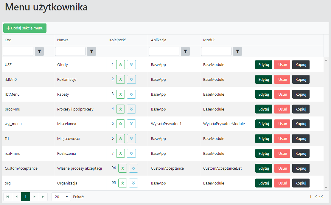 Ekran Menu użytkownika w AdminSPA