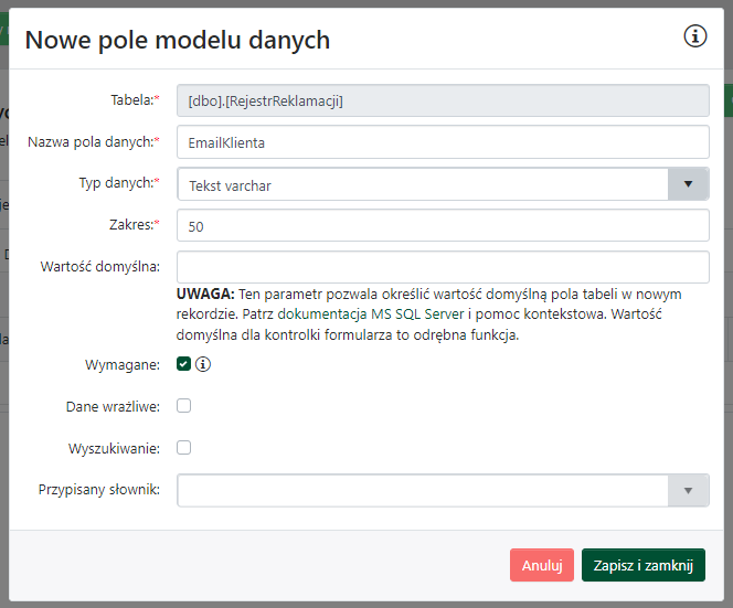 Dodawanie pola tabeli