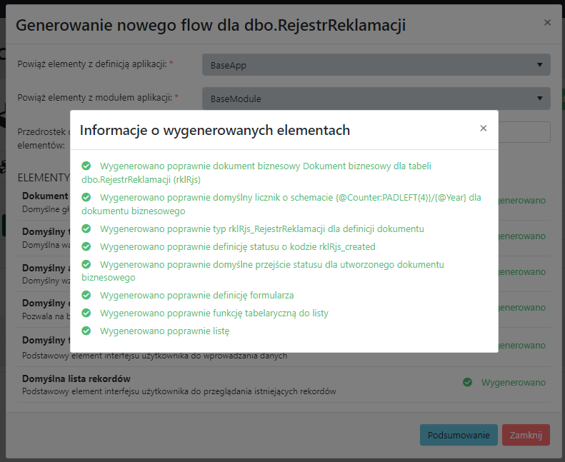 Informacje o wygenerowanych elementach