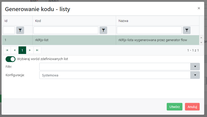 Tworzenie kodu formatki — listy