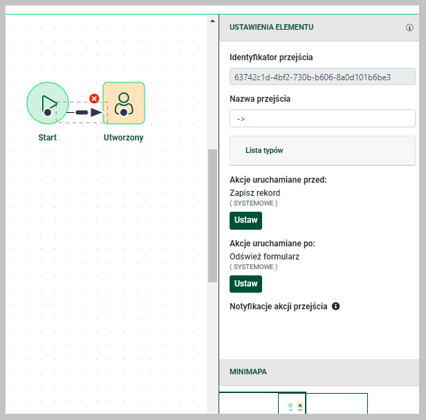 Właściwości przejścia w edytorze diagramów