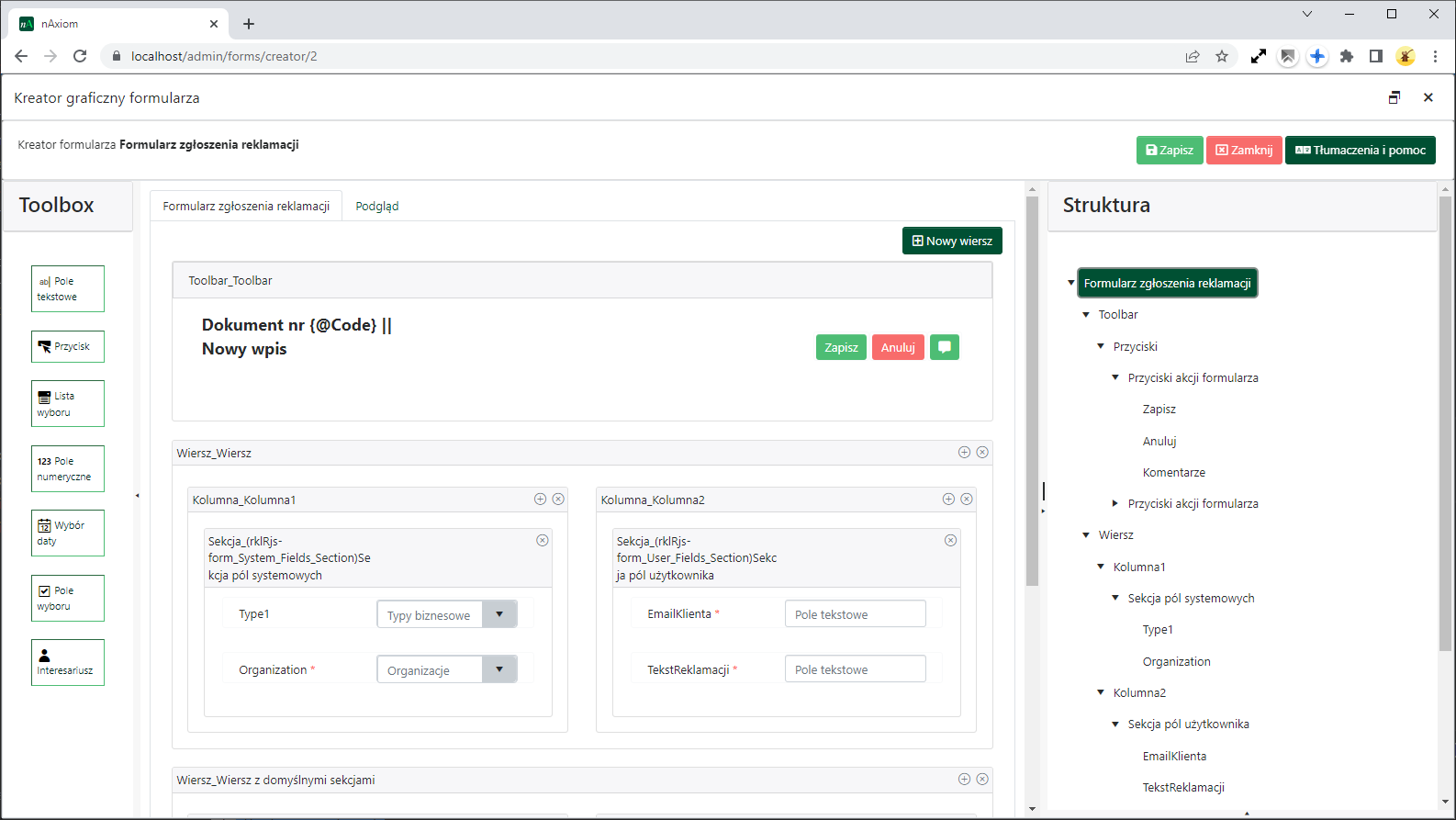 Designer formularza — edytor graficzny