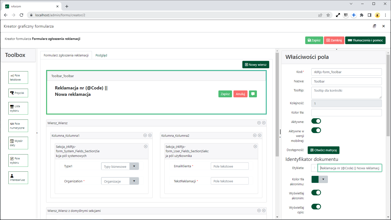 Zmiana etykiety formularza