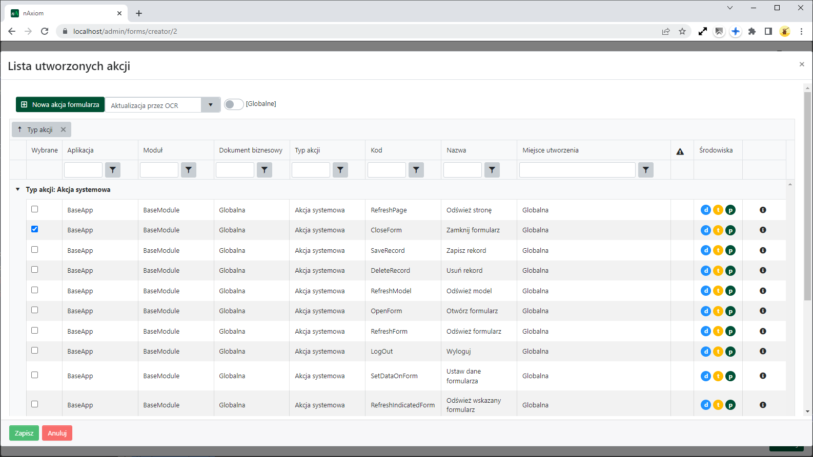 Wybór akcji wywoływanej przyciskiem