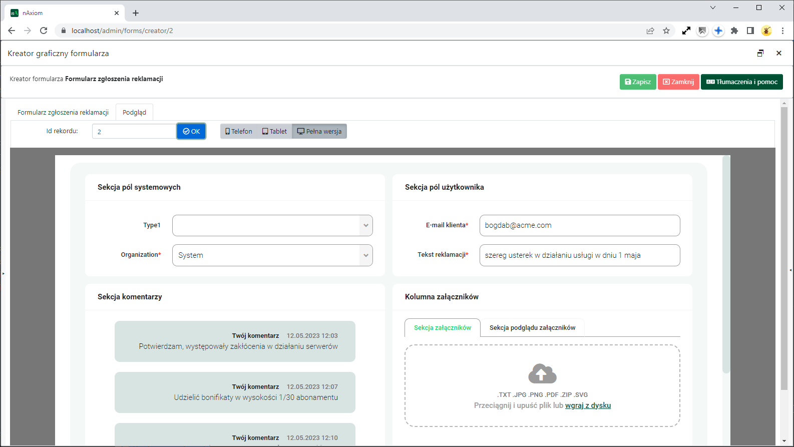 Podgląd formularza po wprowadzonych zmianach