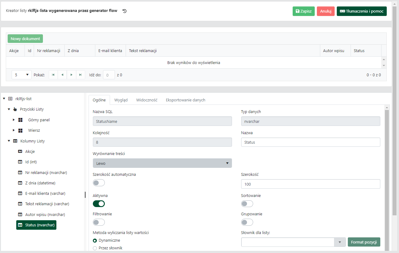Zmodyfikowany widok listy