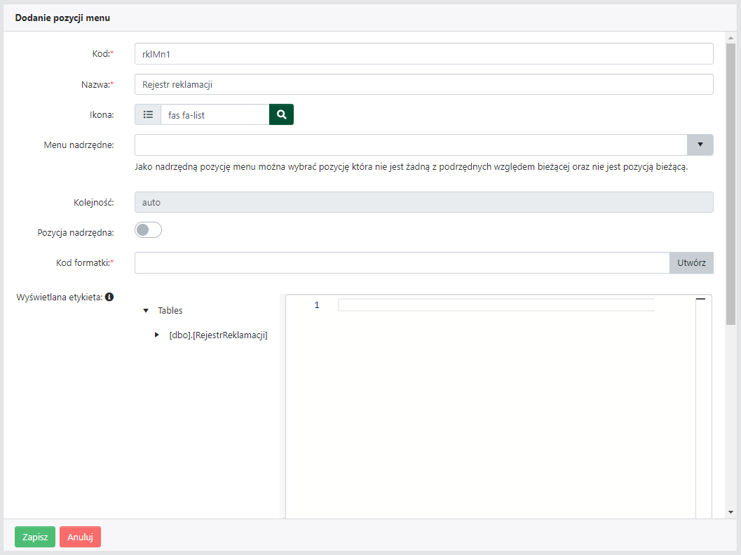 Definicja pozycji menu