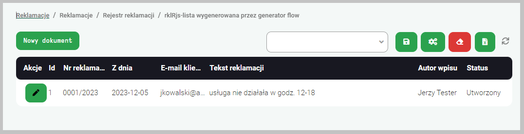Zarejestrowana reklamacja w widoku listy