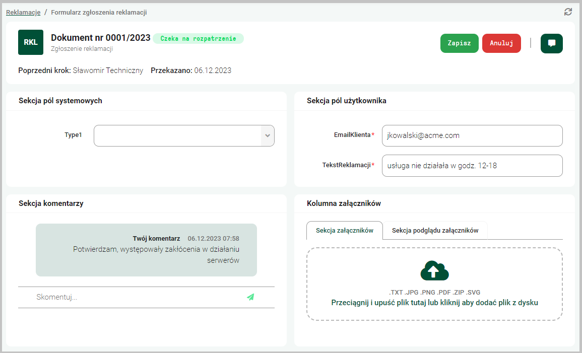 Zgłoszenie z opinią DT, które czeka na rozpatrzenie