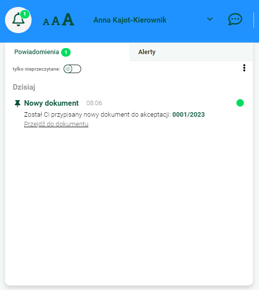 Powiadomienie o dokumencie oczekującym na akceptację