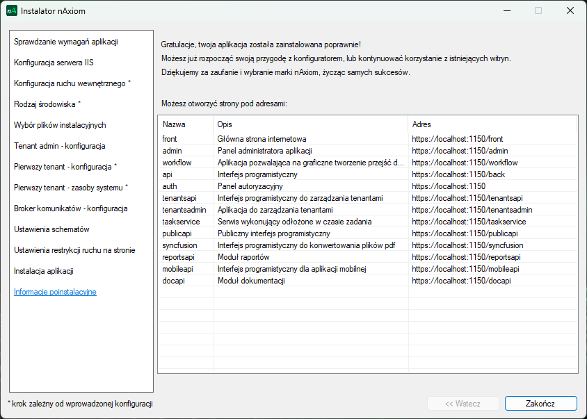 Adresy stron komponentów platformy