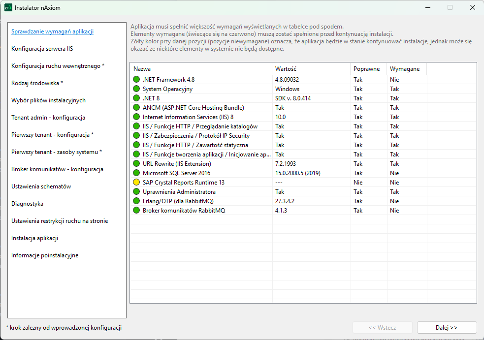 Instalator nAxiom — Sprawdzanie wymagań aplikacji