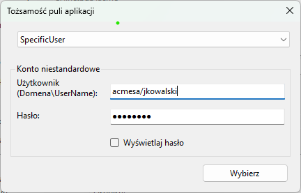 Wybór tożsamości dla puli aplikacji