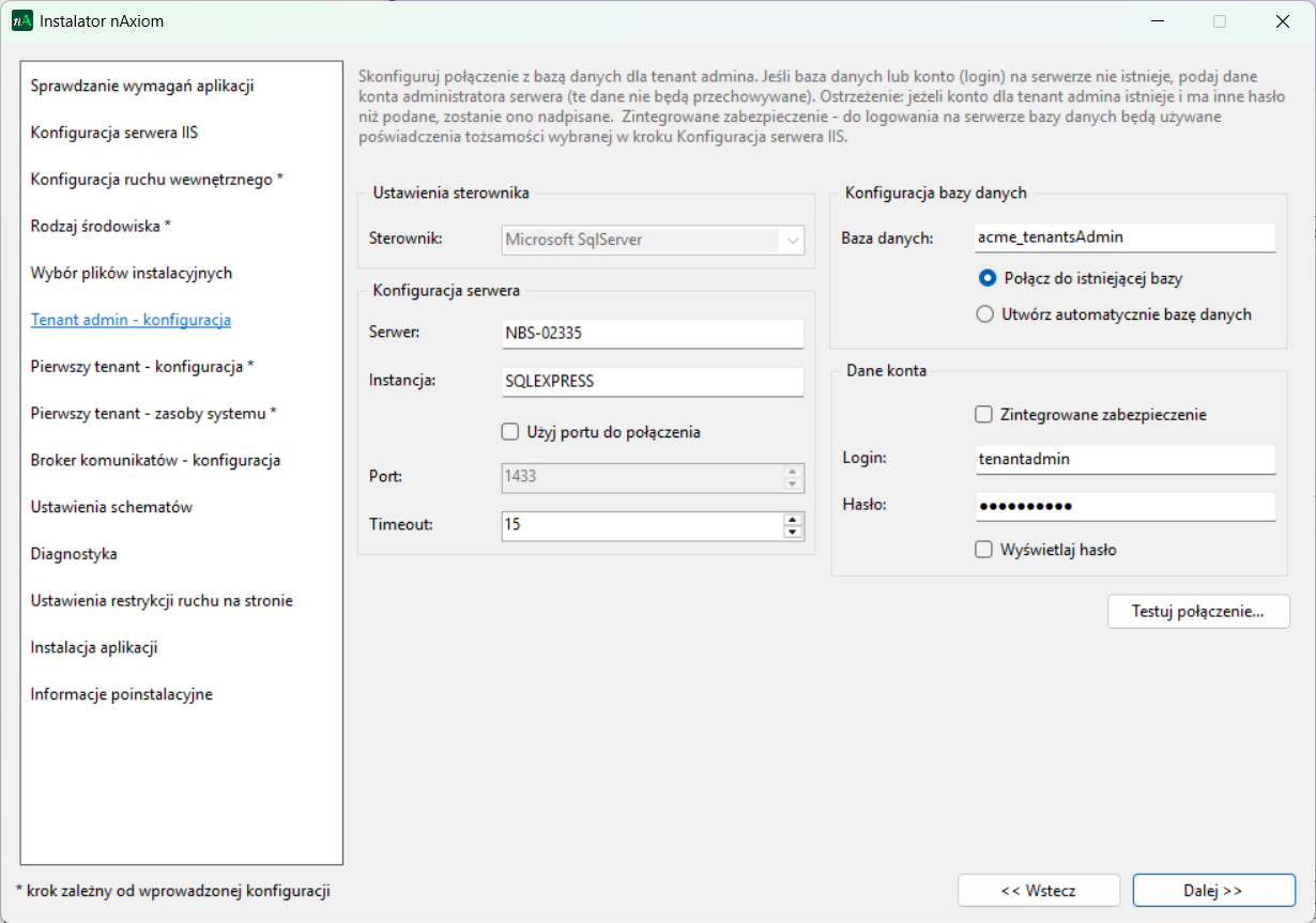 Konfigurowanie połączenia z bazą danych tenantów