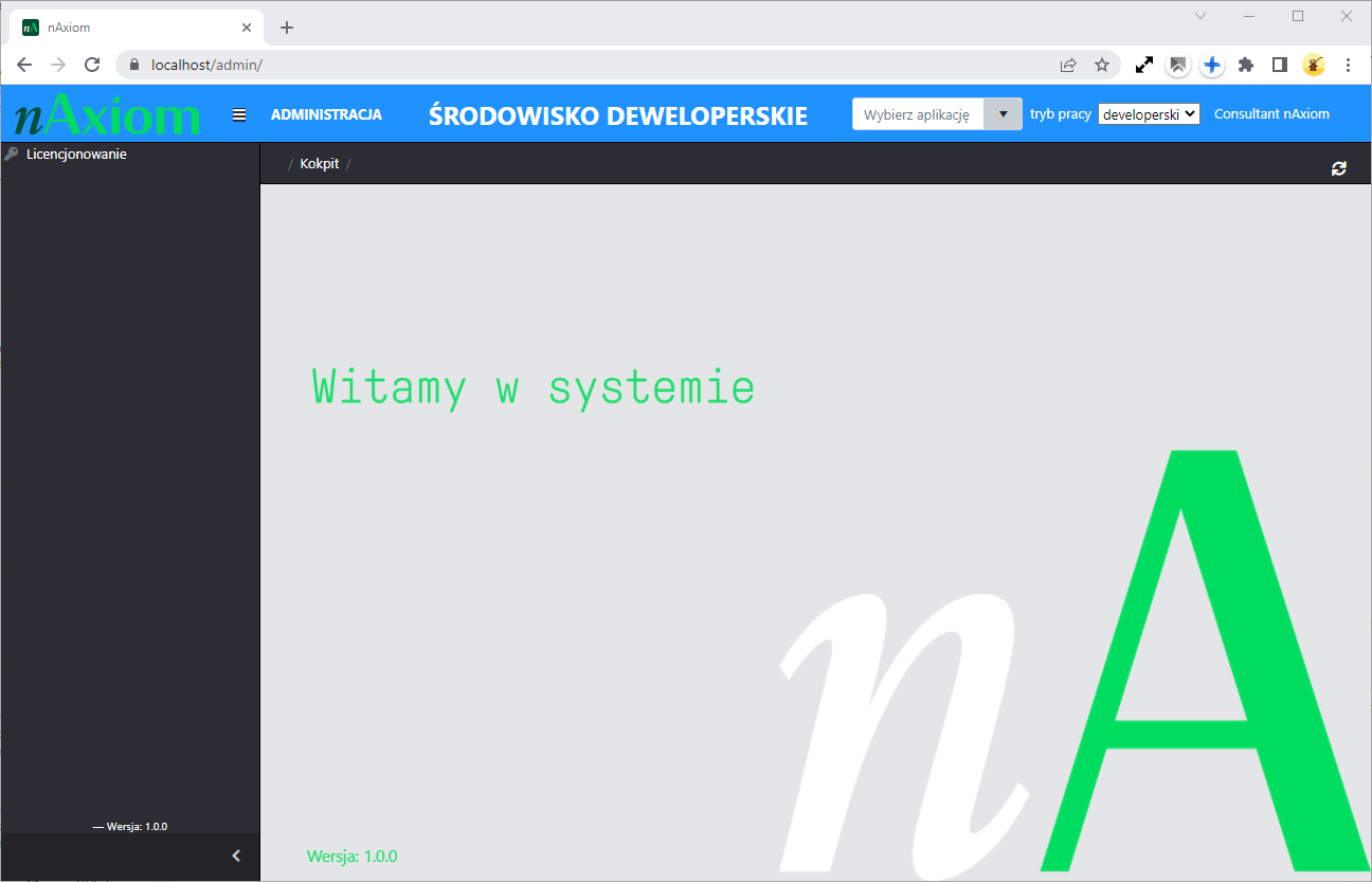„Puste” menu aplikacji <i>AdminSPA</i>