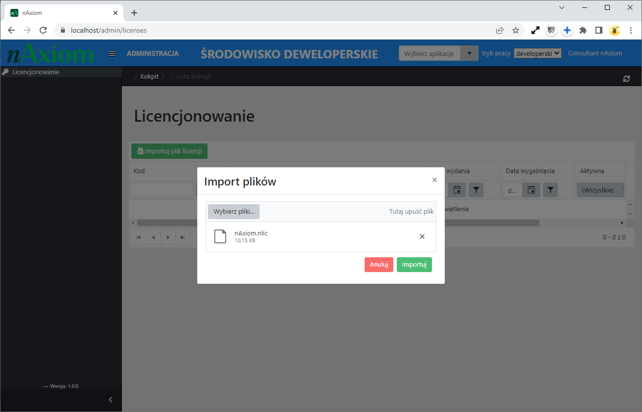 Import pliku licencji