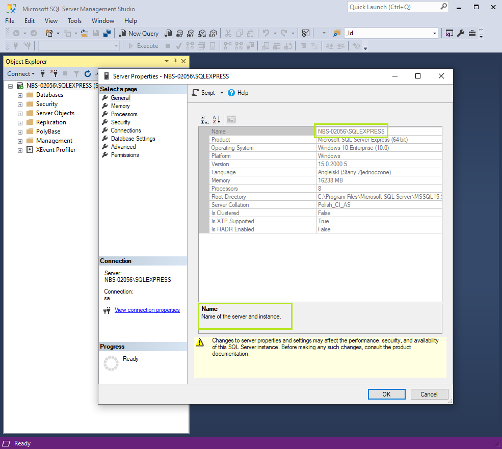 Nazwa i instancja serwera SQL Server w programie SSMS