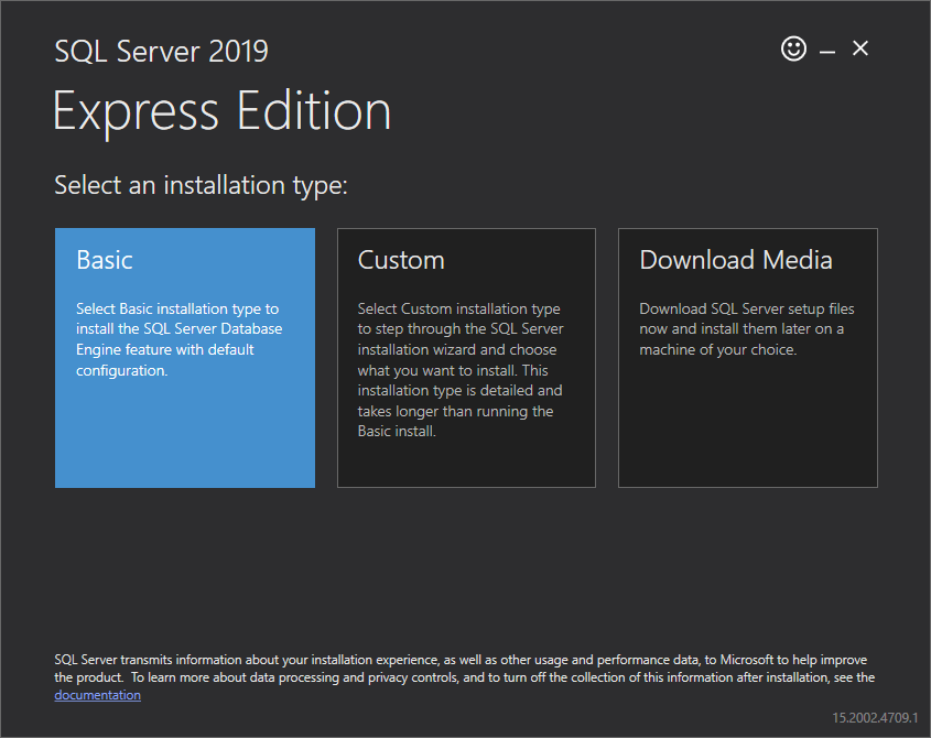 Instalacja SQL Server 2019 Express, opcja <code>Basic</code>